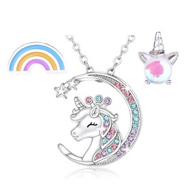 ankbrats Unicorn Children's Jewellery Set for Girls, Cute Unicorn Heart Necklace, Nickel-Free Charm Earrings Necklaces Set for Children, Daughter, Women, Sterling Silver, Cubic Zirconia