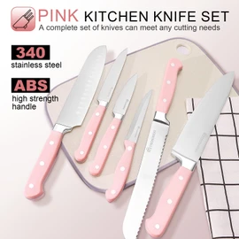 Pink Knife Set,14 Pieces Professional Kitchen Knife Set with Universal Knife Block, Super Sharp Knife Set with Ergonomic Handle Non-stick Stainless Steel Knife Block Set (Pink-14 Pieces)