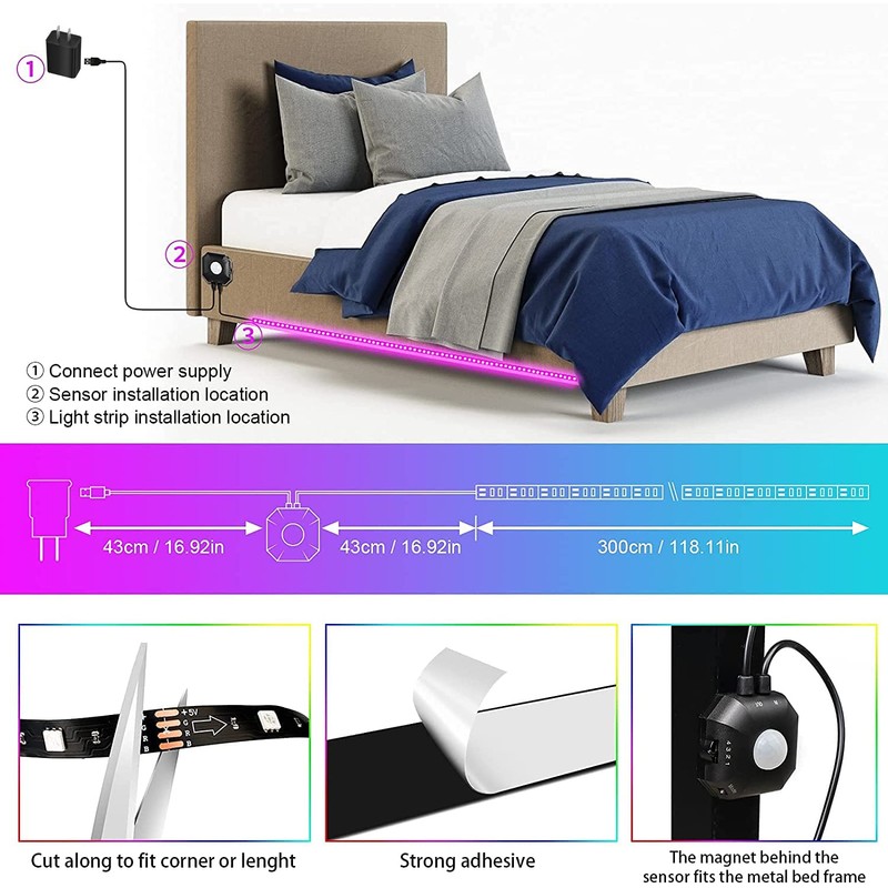 Auplf Motion Activated Under Bed Lights, 9.84ft 5050 RGB Color