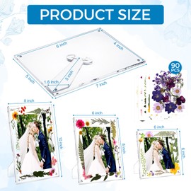 Burbell 3 Pcs Acrylic Picture Frame 90 Pcs Dried Flower Set 3 Size Clear Photo Frame with Stand for Pressed Flower Magnetic Frameless Transparent Cube Floating Gift for Handicraft Table Display Decor