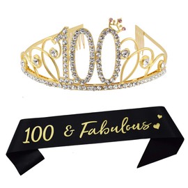 100th Birthday Tiara and Sash Happy 100th Birthday Party Supplies 100 Fabulous Black Glitter Satin Sash and Crystal Tiara Princess Birthday Crown for Women 100th Birthday Party Decorations
