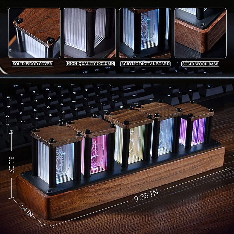Adventurers Nixie Tube Clock,Walnut Wood RGB Digital Clock,Retro Modern Desktop