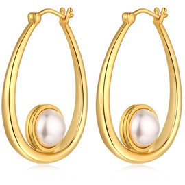 Pearl Hoop Earrings Pearl Dangle Earrings Large Pearl Hoop Earrings for Women Pearl Drop Earrings Oval Pearl Dangling Earrings Pearl Hoops Jewelry 8mm Pearl Jewelry Gold Plated Jiahanzb