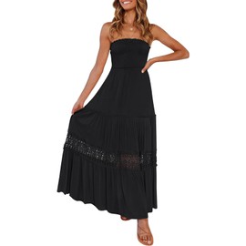 ZESICA Women's 2025 Summer Bohemian Strapless Off Shoulder Lace Trim Backless Flowy A Line Beach Long Maxi Dress,Black,Small