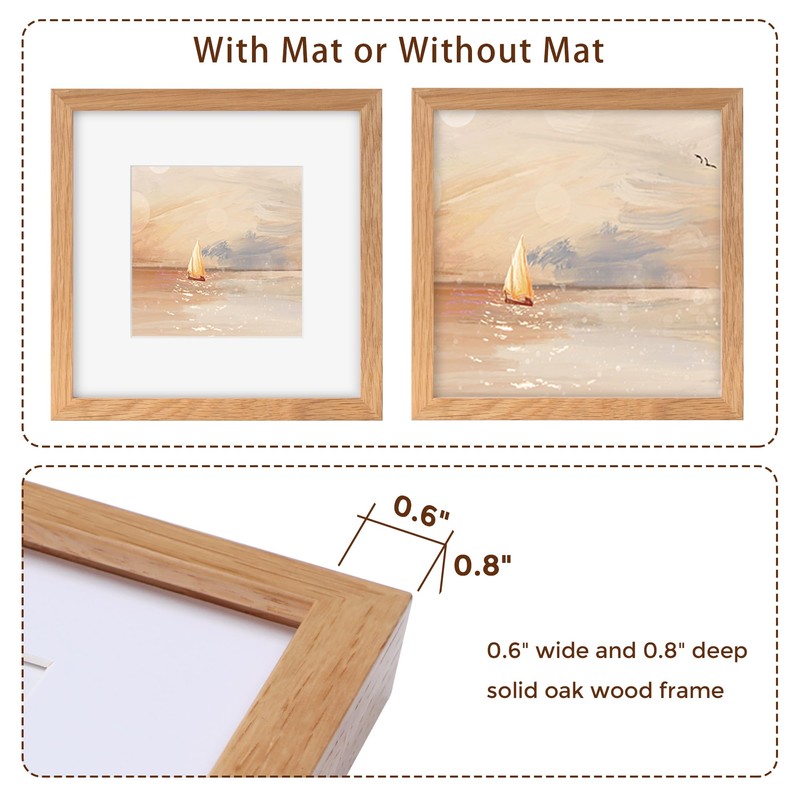 8x8 Picture Frame, Solid Oak Wood 8 x 8 Picture