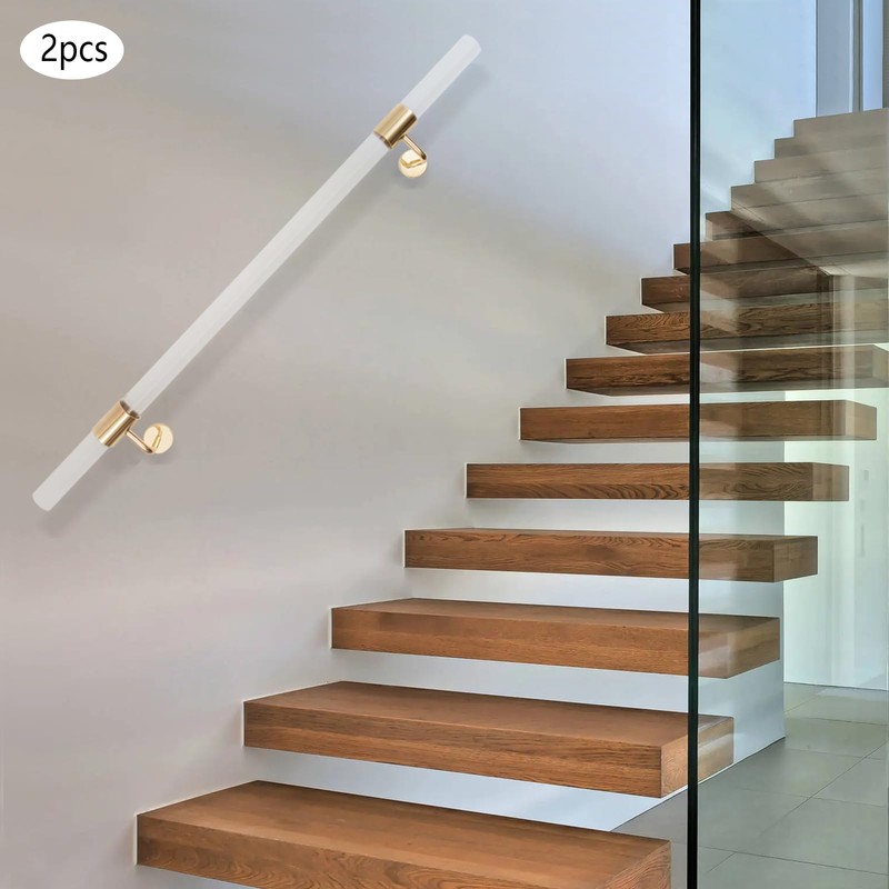 Handrail, 2 Pack Acrylic Staircase Handrails, Clear with Golden Brackets,