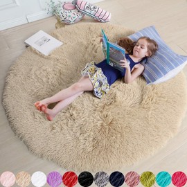 Amdrebio Beige Round Rug for Bedroom,Fluffy Circle Rug 4'X4' for Kids Room,Furry Carpe...