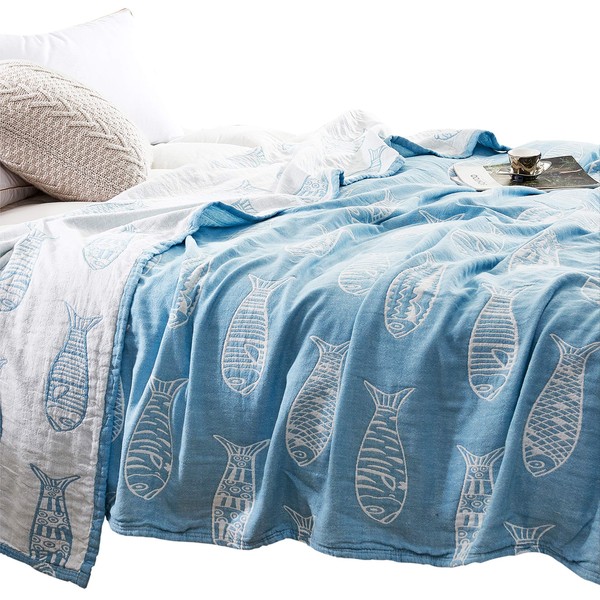 MEJU Fish Muslin Lightweight Summer Blanket for Bed Sofa Couch,