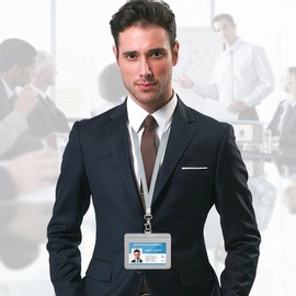 Teskyer Badge Holder with Lanyard, Leather ID Name Badge Card Holder with Lanyard for ID Badges, Horizontal, Lychee Pattern Grey