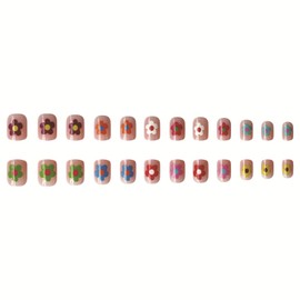 MERVF Square Press on Nails Short Fake Nails Press ons Colorful Glue on Nails Flower Squoval Acrylic Nails Spring False Nails with Floral Design Glossy 24pcs