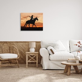 Stupell Industries Cowgirl Sunset Silhouette Southwestern Horse Field Landscape, Designed by J.C. Leacock Canvas Wall Art, 30 x 24, Orange