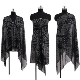 Summer beach holiday thin breathable women's scarf full layout positioning flower original design Fashion Faux Assuit Foil print sun protection beach thin silk scarf shawl (Black silver)