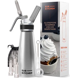 EurKitchen Professional Aluminum Whipped Cream Dispenser - Leak-Free Whip Cream Maker Canister with 3 Decorating Nozzles & Cleaning Brush - 1-Pint / 500 mL Cream Whipper - N2O Chargers (Not Included)