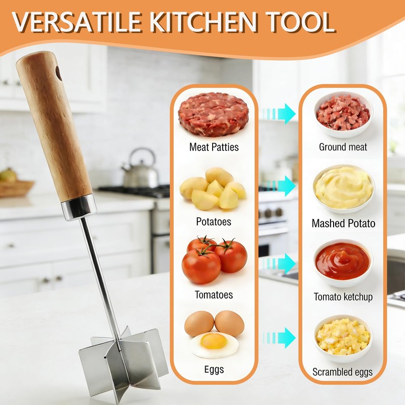 Stainless Steel Meat Chopper & Masher, 10.6 Inch Ground Beef