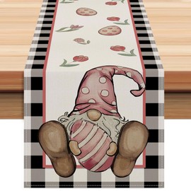 ZCHOMI Easter Pink Gnomes Table Runner 13x72 Inch Buffalo Plaid Easter Kitchen Dinning Table Decoration for Indoor Outdoor Home Party Décor