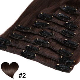 Elailite Clip in Hair Extensions Real Human Hair Remy Natural Hair - 8 Pieces (Thin Weft) Full Head Straight - #2 Dark Brown - 18 Inch (70 g)