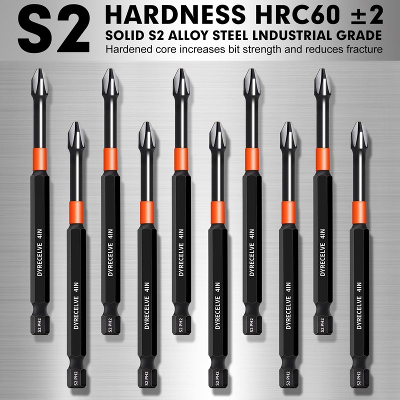 10-Pack Phillips Bits #2 Impact, 4-Inch Long Magnetic Phillips Head