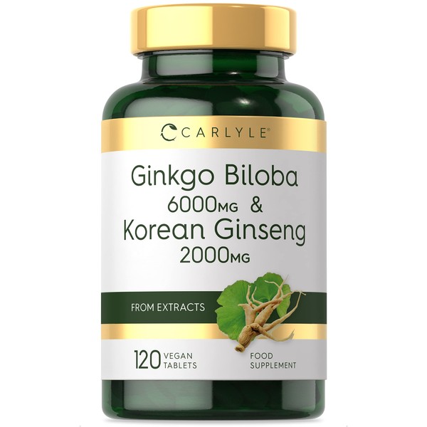 Ginkgo Biloba and Ginseng Tablets 8000mg | High Strength Extract | Ginkgo 6000mg & Panax Ginseng Root 2000mg | 120 Vegan Tablets | by Carlyle