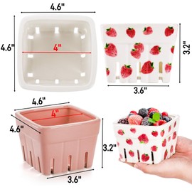 Pumtus 4 Pack Ceramic Berry Baskets, 4.6" Square Fruit Bowls with Holes, Pink & White Berry Containers for Fridge, Decorative Strawberry Grape Cherry Colander, Fruit Crate Holder for Gift Kitchen
