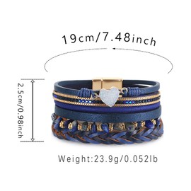 Blue Leather Bracelets for Women Trendy Stackable Sparkling Heart Bracelet Magnetic Wrap Bracelets Crystal Bead Bracelet Boho Bracelets Birthday Christmas Jewelry Gifts for Women Teens Girls