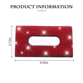 BLAU GRUN Bling Car Sun Visor Tissue Box Holder, Rhinestone PU Leather Crystal Sparkling Napkin Holder, Backseat Paper Towel Cover Case Car Accessories for Women (Red)
