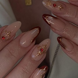 24 Pieces Almond Press-On Nails with Elegant 3D Gold Flower, Rhinestone Charm Design, Easy-to-Use Press Nails, Ideal for Weddings & Celebrations