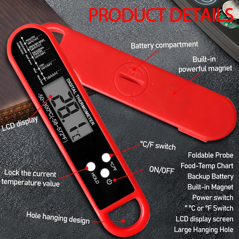 Meat Thermometer Instant Read Kitchen Tool - Digital Waterproof, Foldable,