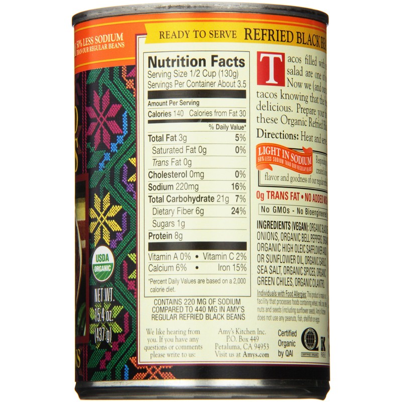 Amy's Organic Refried Black Beans Canned, Light in Sodium, Vegan,