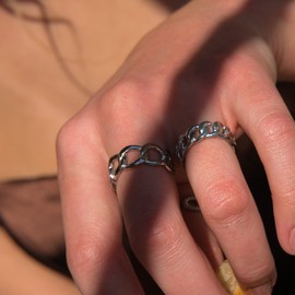 LEMON GRASS Sterling Silver Open Link Chain Ring | Wide Open Cuff Wide Curb Band | Adjustable Stackable Statement Ring