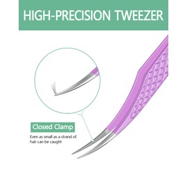 MORGLES Isolation Tweezers Eyelash Extensions, Curved Lash Extension Tweezers for Isolation Fanning Volume Lashes with Bag, Purple