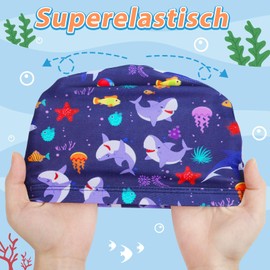 Loppdece Pack of 4 Children's Swimming Caps, Swimming Cap, Child, Fabric Swimming Caps for Boys and Girls 3-14 Years, One Size (Shark + Dolphin + Dinosaur + Elephant)