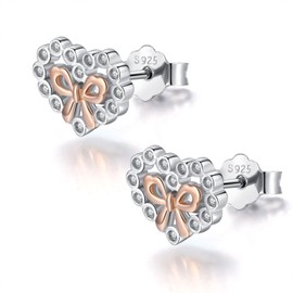 Bow Stud Earrings 925 Sterling Silver Christmas Earrings, Cute Heart Bow Earrings, Hypoallergenic Small Christmas Knot Bow Jewellery for Girls Children, Sterling Silver, Cubic Zirconia