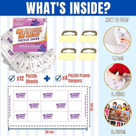 Permanent Adhesive Puzzle Saver Sheets - Preserve 2,000 Piece Jigsaw Puzzles - No Stress, No Mess - 12 Peel and Stick Puzzle Glue Sheets with 4 Self-Adhesive Hangers