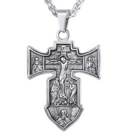 U7 Russian Orthodox Cross Necklace Men Women Religious Jewelry Stainless Steel Chain Jesus Christ Piece Crucifix Pendant with Chain 22"