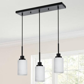 TODOLUZ 3-Lights Black Linear Pendant Light Fixtures, Opal White Glass Kitchen Island Lighting Height Adjustable, Ceiling Mount Dining Room Chandelier E26 Bulb Base