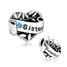 KunBead Jewelry Sister I Love You Heart March Birthstone Birthday Bead Charms for Bracelets