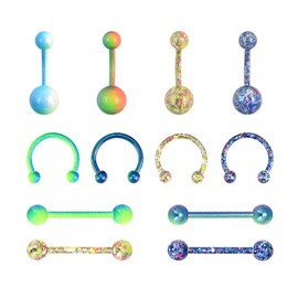 Longbeauty Horseshoe Barbells Industrial Stainless Steel Natural Stone 14G 16G Piercings Bar Set for Tongue Nose Belly Button Punk 6/10/12 Pieces