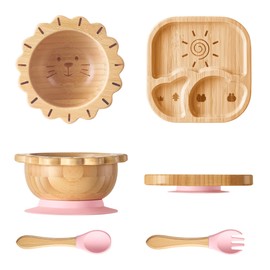 BABY REMEMBER Suction Plates Bowls Set for Baby Toddler Non-Toxic Bamboo Feeding Set with Silicone Fork & Spoon (Pink Feeding Set)