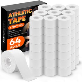 64 Pack Athletic Tape, White Sports Tape for Wrist Ankle Protection, Sports Tape Athletic No Sticky Residue, Easy to Tear Gymnastics Tape for Soccer, Football, Training Supplies (1.5" x 640 Yards)