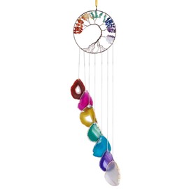 Rockcloud 7 Chakra Tree of Life Wall Hanging Wind Chimes with Agate Slices Pendants Ornament Windows Hanging Ornament for Home Garden Decor, Colorful