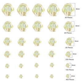 Gocelyn 900pcs Crystal Bicone Glass Beads of AB Color (Yellow), Rondelle Beads Assorted Supplies Spacer Loose Beads for Jewelry Making Findings Bracelets Pendants(2mm, 3mm, 4mm, 5mm,6mm, 8mm)