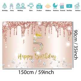 5th Birthday Girl Decoration, 5th Birthday Banner Rose Gold, Happy 5th Birthday Fabric Sign Poster, 5th Birthday Background Banner Girl Birthday Party Decoration, 150cm x 90cm
