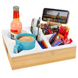 Allhercom Couch Cup Holder Tray, Soft Silicone Wooden Couch Caddy for Bed Boat Car Seat, Anti-Spill Sofa Drink Holder Snack Beverage Remote Organizer, Handy Breakfast Tray (white)