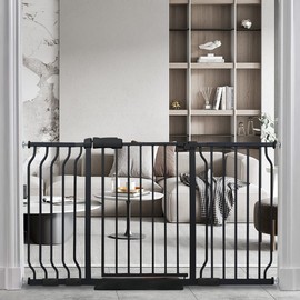 HOOOEN Extra Wide Baby Gate Extra Wide Extra Tall Dog Gates for Stairs Doorways Black Metal Tension Indoor Safety Gates with Pressure Mount 53-57.5 Inch