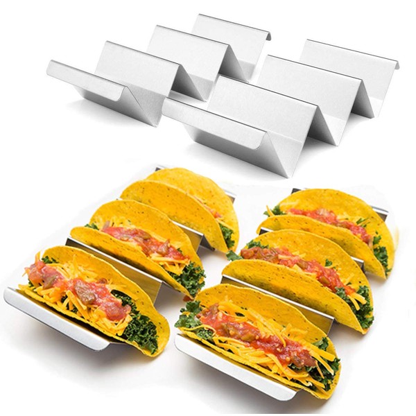 Bekith Taco Holder Stand 6 Pack, Stainless Steel Taco Holder Stand Tray with Handles Up to 3 Tacos Each Keeping Shells Upright, Stylish Taco Shell Holders, Oven,Grill and Dishwasher Safe