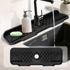 UOSHXAH 17 Inch Faucet Mat For Kitchen Sink Splash Guard Behind Faucet, ，5°Slope Fast Draining Silicone Mat , Dish Soap Sponge Holder for Bathroom Sink kitchen sink organizer (black, 17" x 6")