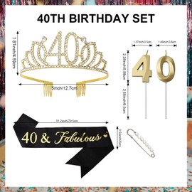 40th Birthday Decorations for Women Gold Tiara Crown & Sash & Candles Kit 40th Birthday Gifts for Women