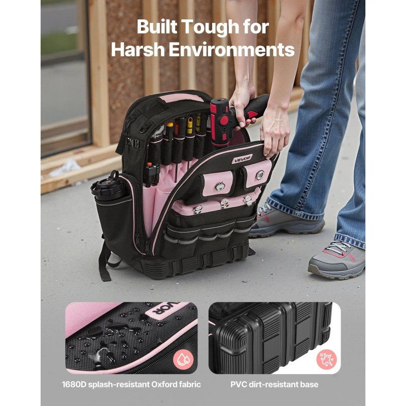 Jobsite Backpack 56 Pockets Tear Resistant Electrician Tool Bag Water