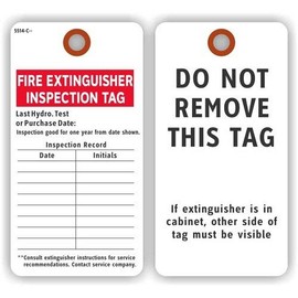 FIRE Extinguisher Inspection TAG/DO NOT Remove (2-Sided), 3" x 5.75", Red and Black Print on White 13 Pt. Cardstock w Reinforced Hole - Pack of 100 Tags