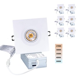 POPANU Canless Recessed Gimbal Downlight Rotatable-Spotlight 5 CCT 4 Inch Eyeball Ceilling Potlight, Dimmable Lights Fixture with Junction Box, 8W CCT Adjustable, White Square Trim, with Baffle, 6P